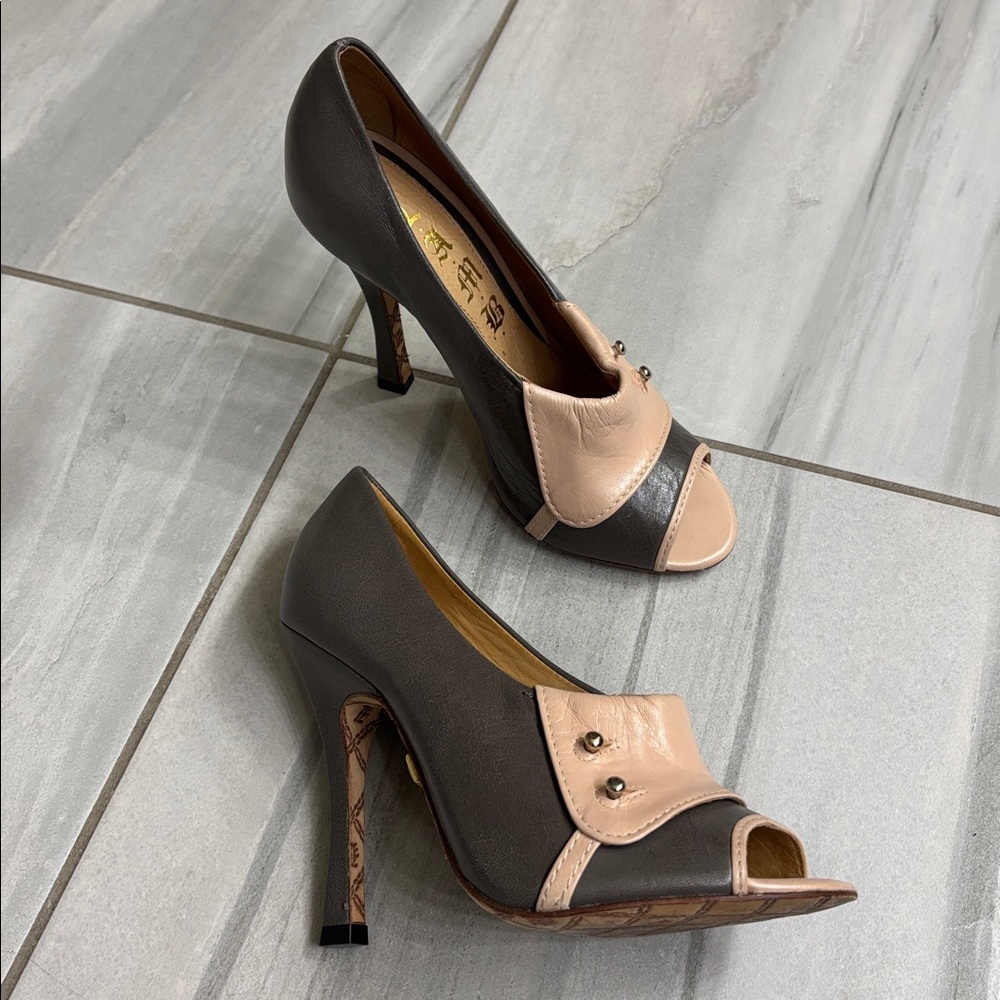 L.A.M.B. Brown and Blush Peep-Toe High Heels